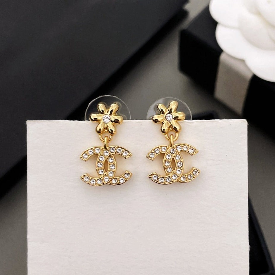 Chanel Mini Flower Double C Cubic Zirconia Gold Earrings