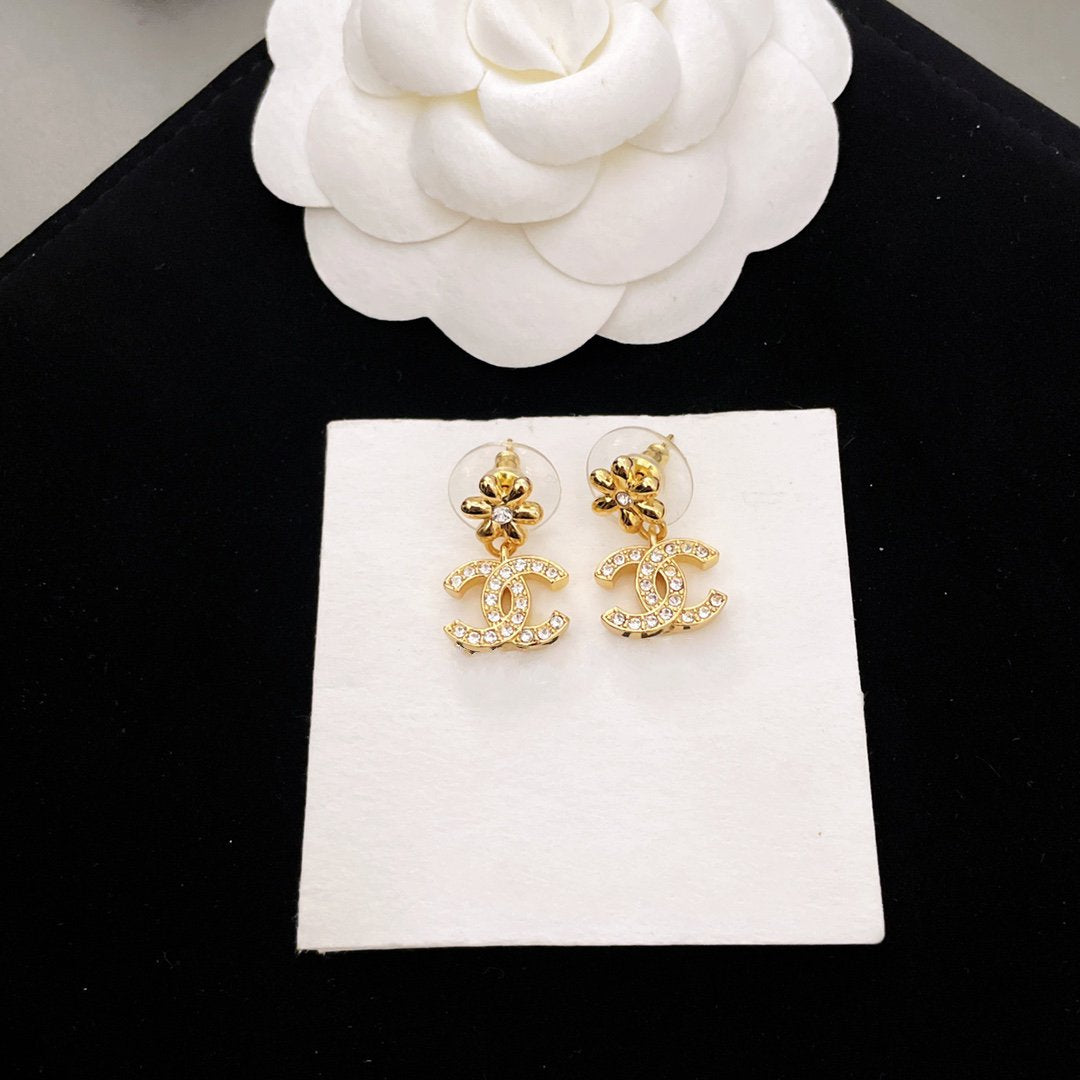 Chanel Mini Flower Double C Cubic Zirconia Gold Earrings