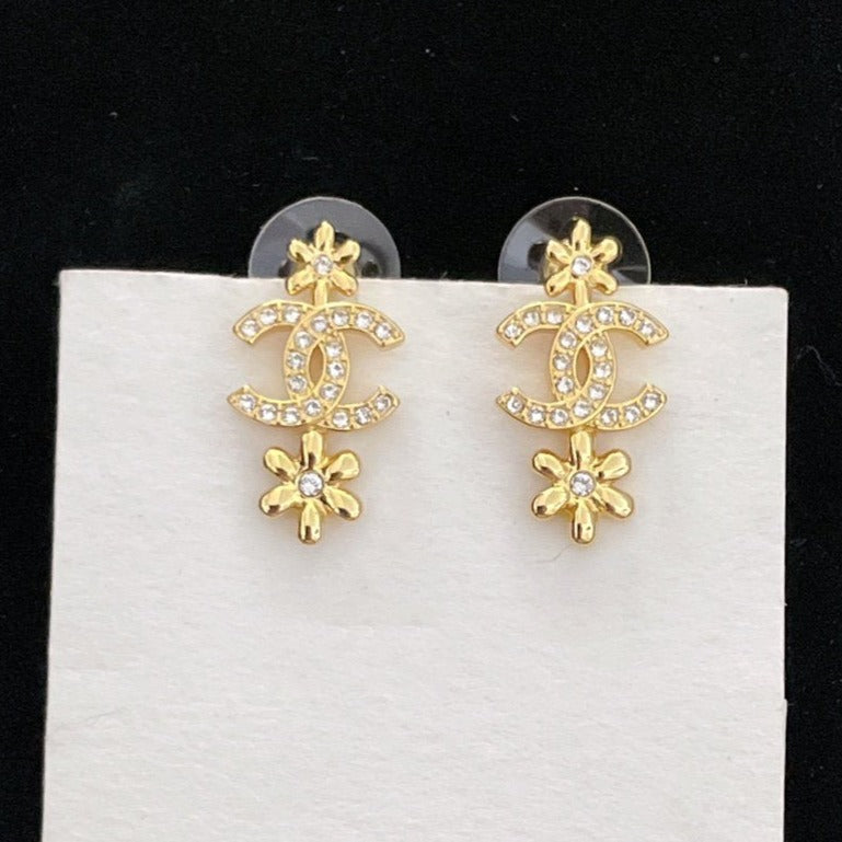 Chanel Double Flower Gold Cubic Zirconia Drop Earrings