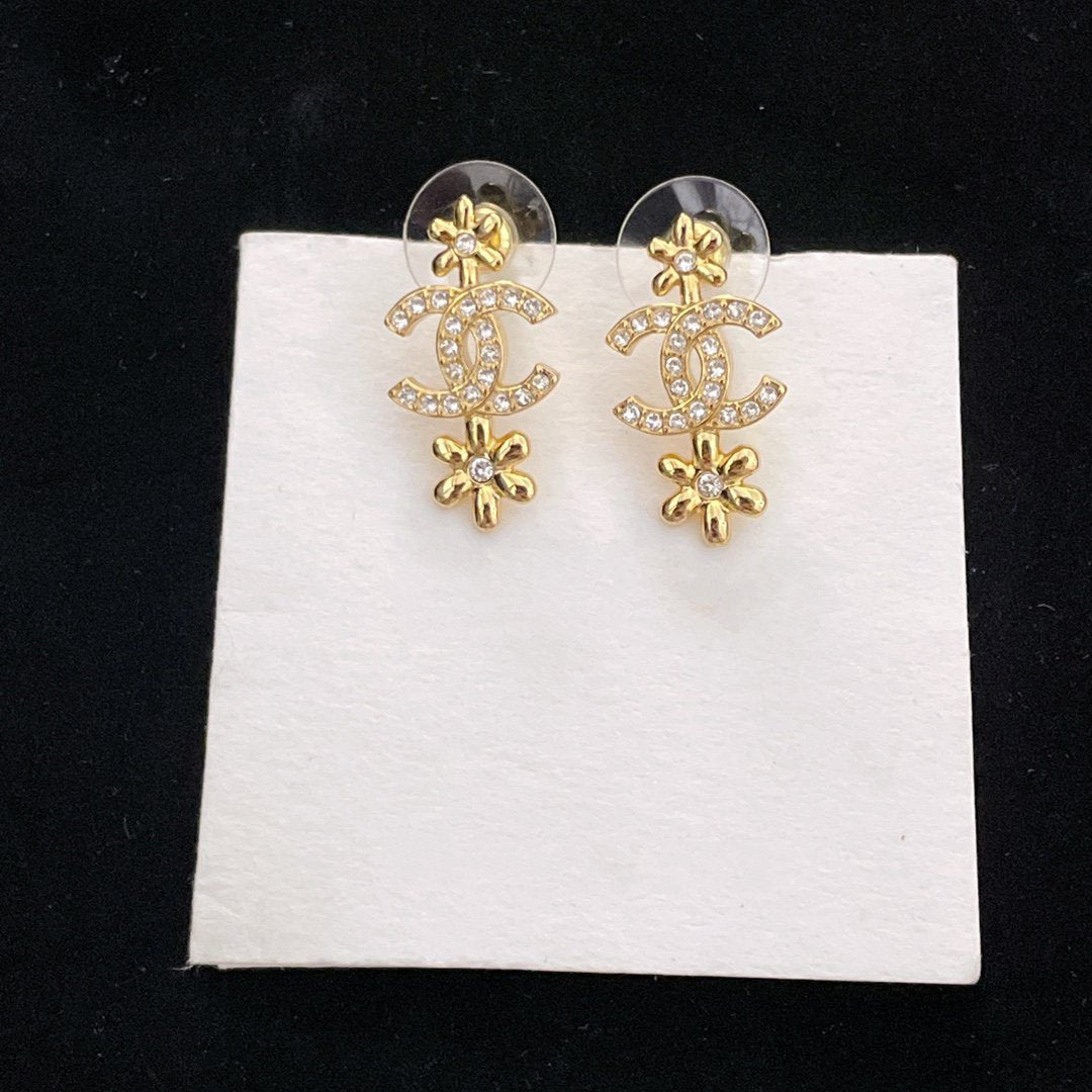 Chanel Double Flower Gold Cubic Zirconia Drop Earrings