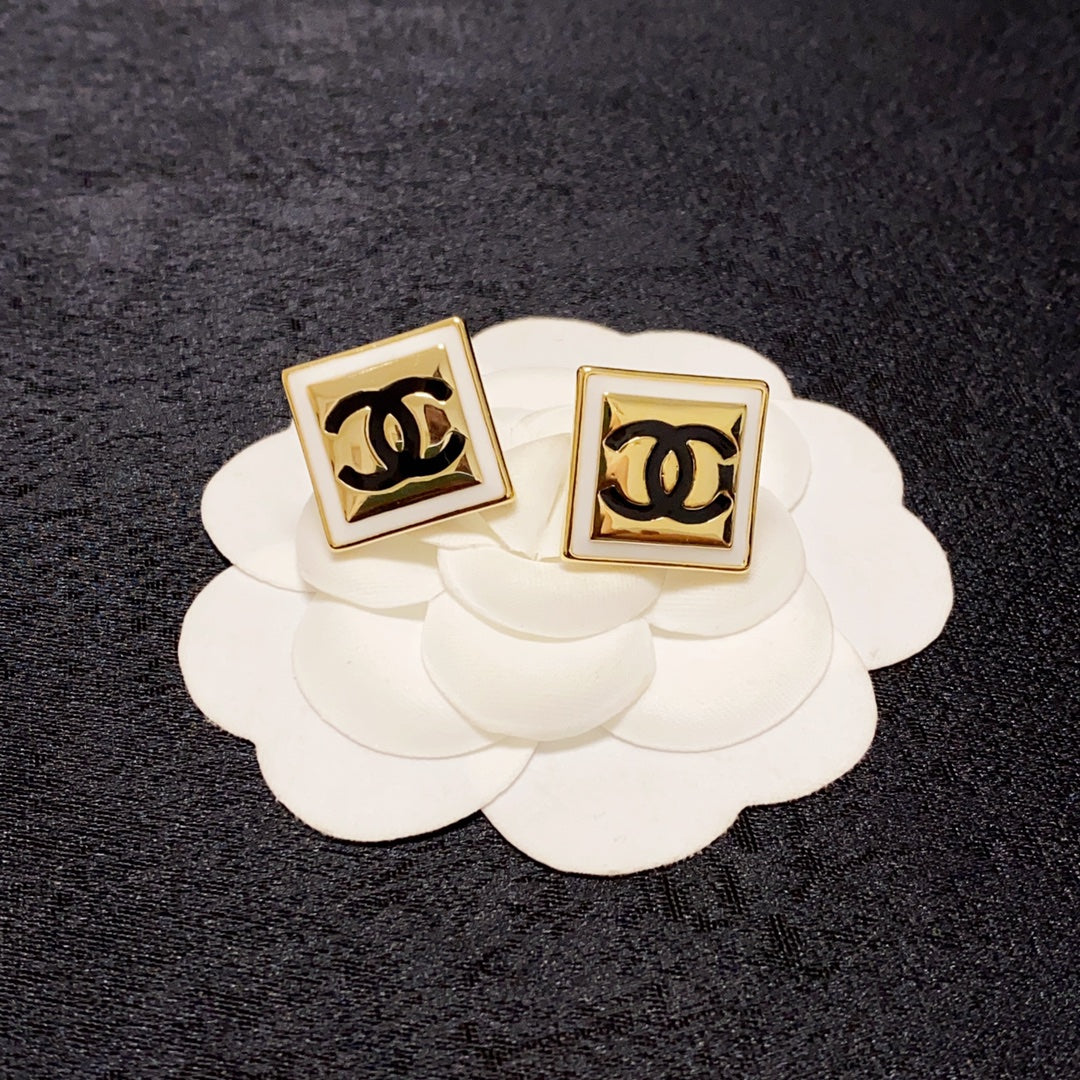 Chanel Light Gold and White Enamel Square Earrings
