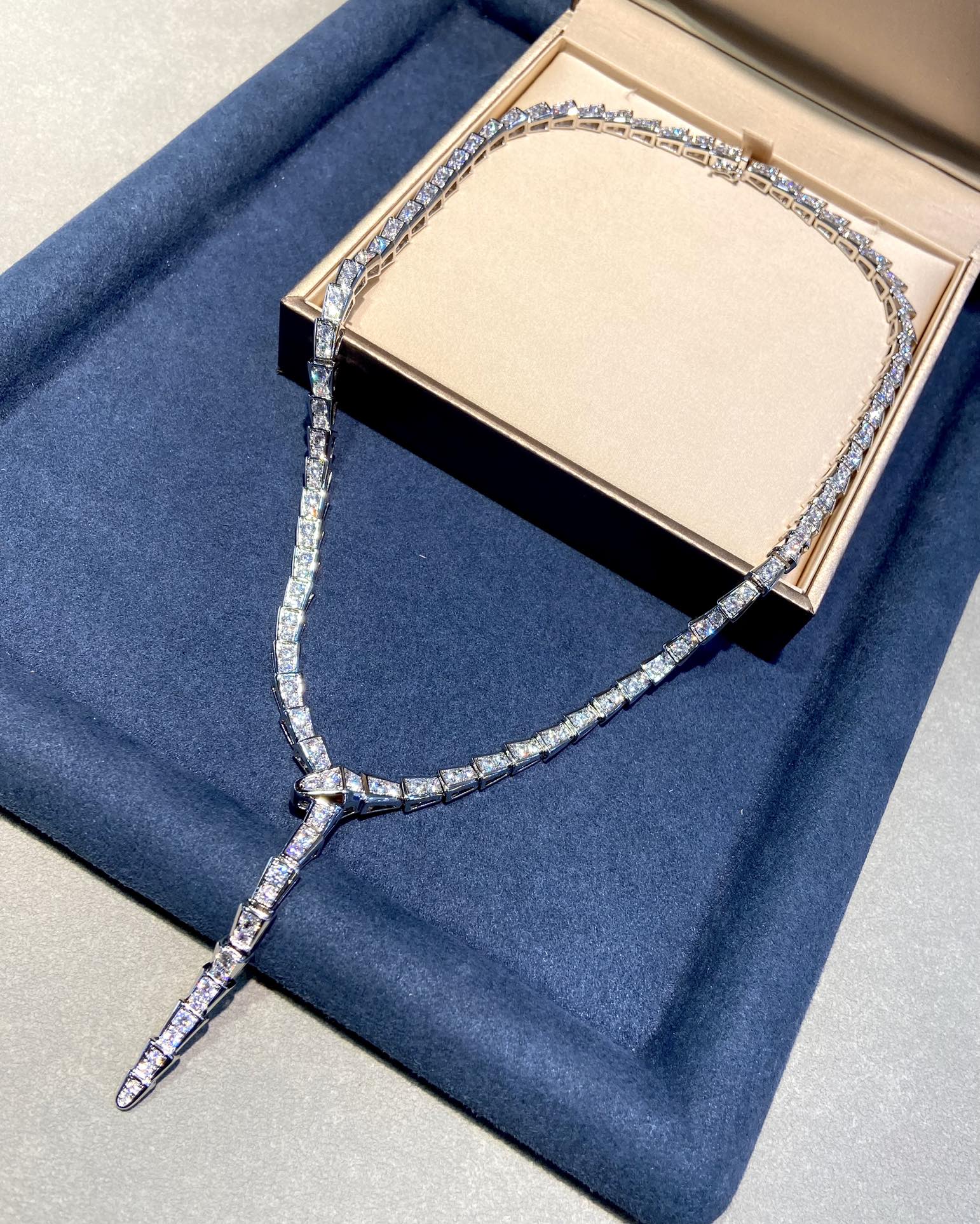 Bvlgari Serpent Cubic Zirconia Paved Slim Silver Necklace