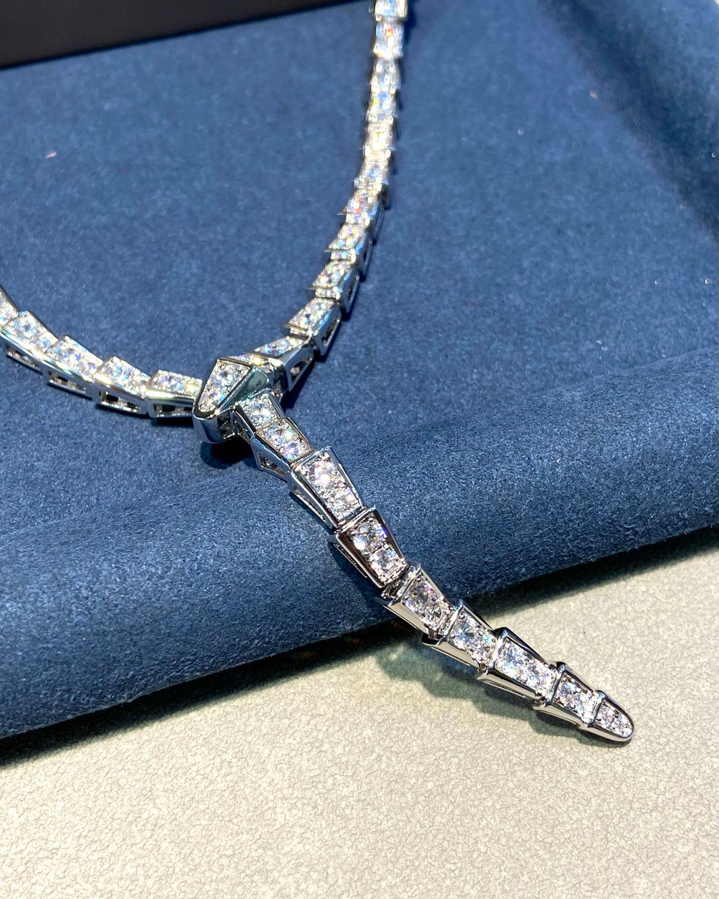 Bvlgari Serpent Cubic Zirconia Paved Slim Silver Necklace