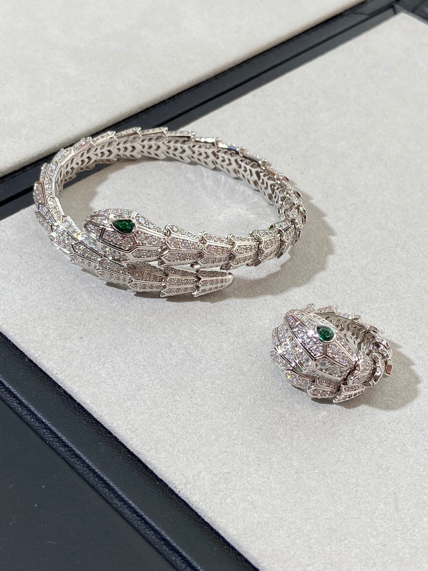Bvlgari Serpent Malachite Silver Cubic Zirconia Paved Bracelet