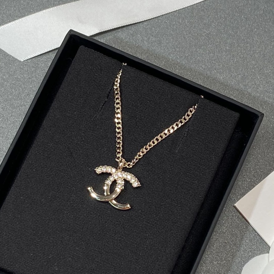 Chanel Pendant Half Cubic Zirconia Pink Gold Necklace