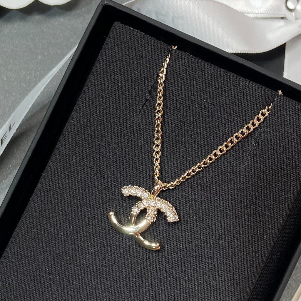 Chanel Pendant Half Cubic Zirconia Pink Gold Necklace