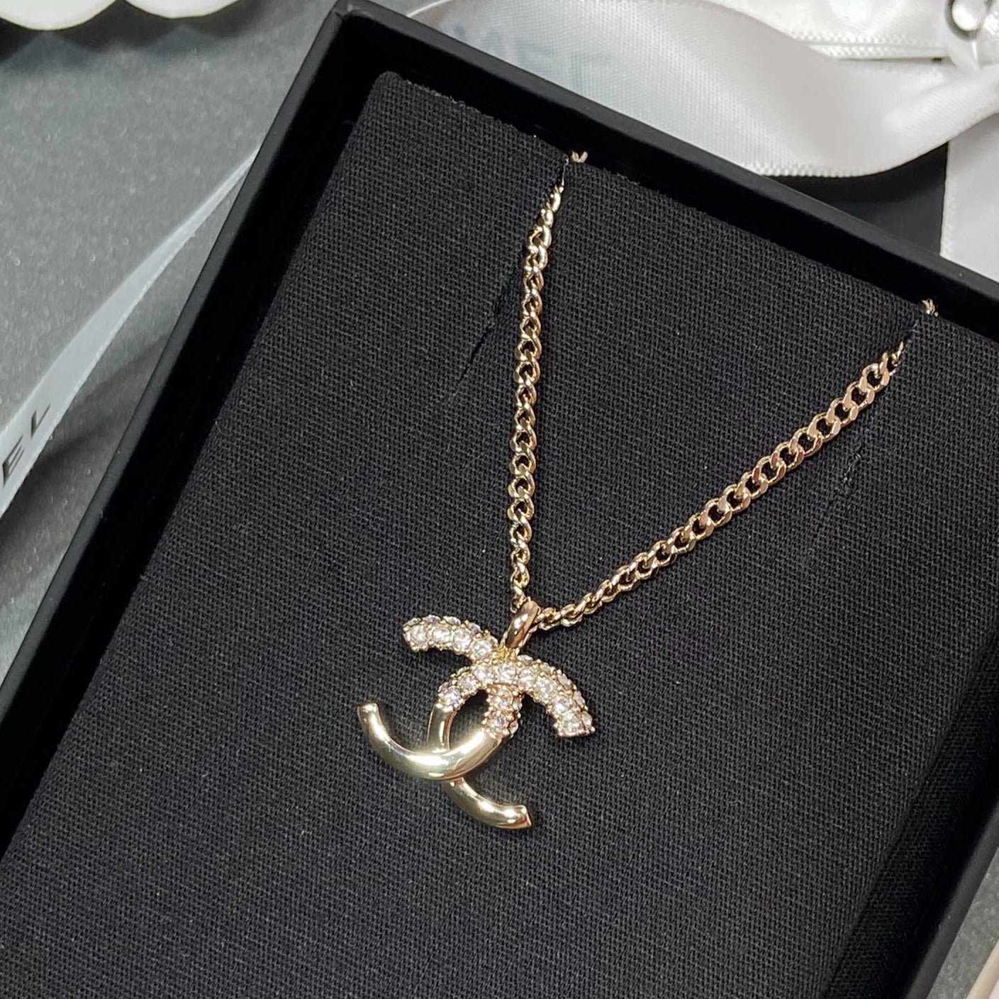 Chanel Pendant Half Cubic Zirconia Pink Gold Necklace