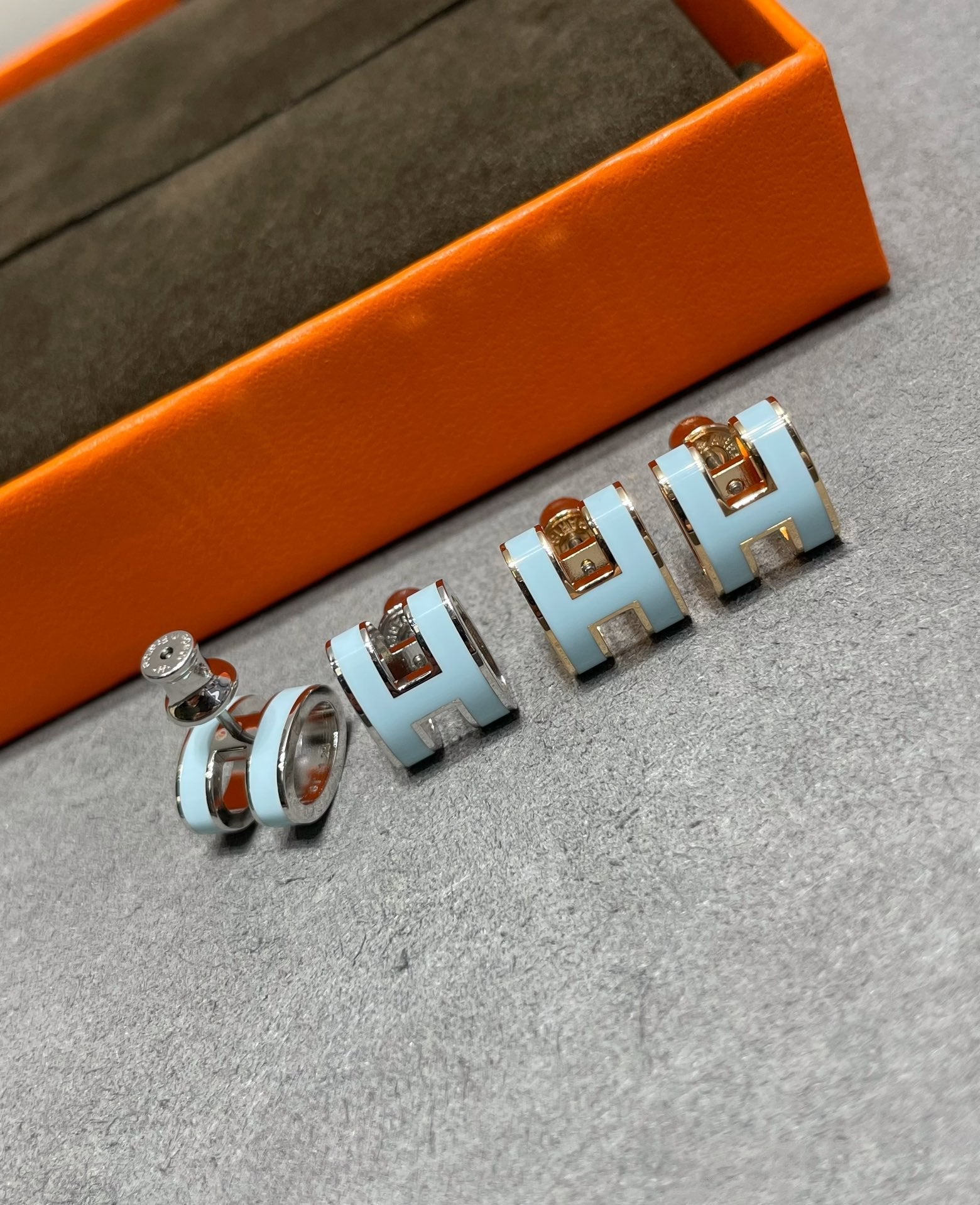 Hermes Pop H Sky Blue Stud Earrings