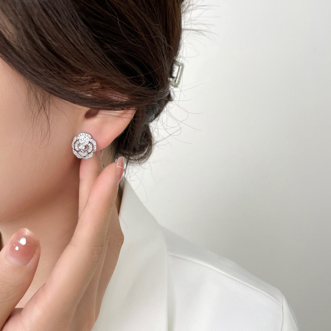 Chanel Bouton Camelia Cubic Zirconia Stud Earrings