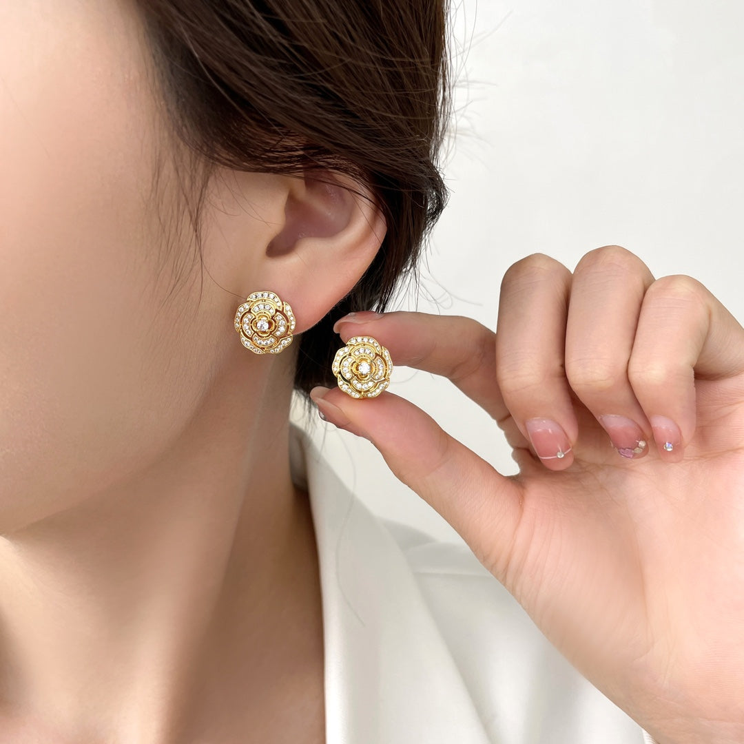 Chanel Bouton Camelia Cubic Zirconia Stud Earrings