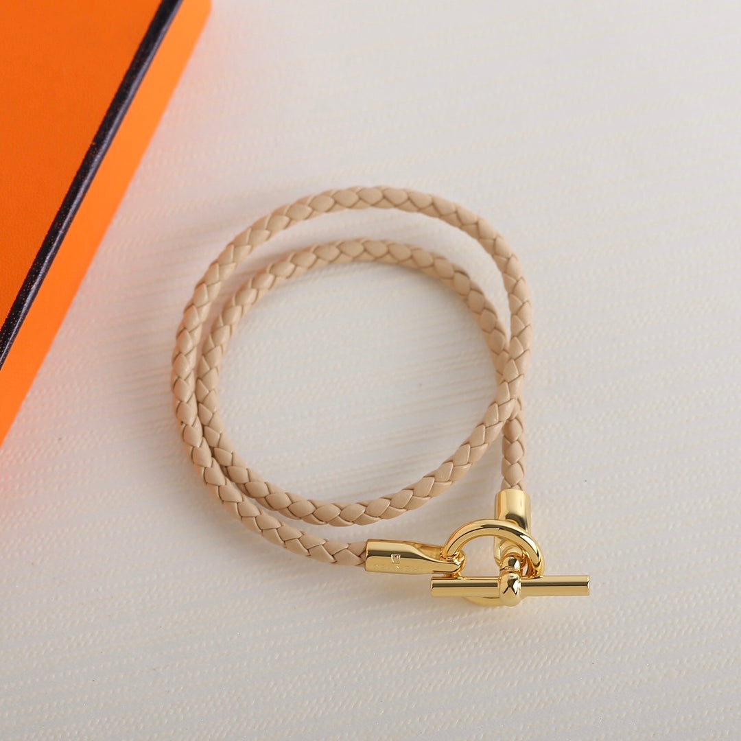 Hermes Glenan Double Tour Gold Leather Bracelet