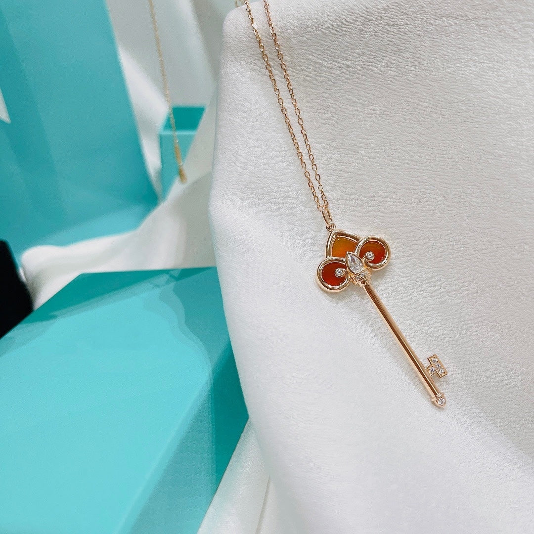 Tiffany Fleur de Lis Pink Gold Cubic Zirconia Carnelian Necklace