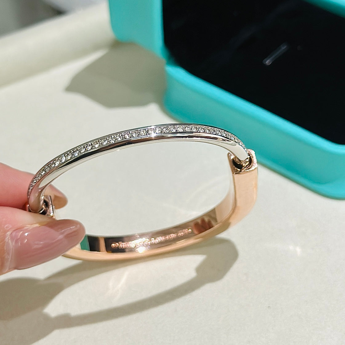 Tiffany Lock Pink Gold Silver Cubic Zirconia Bracelet