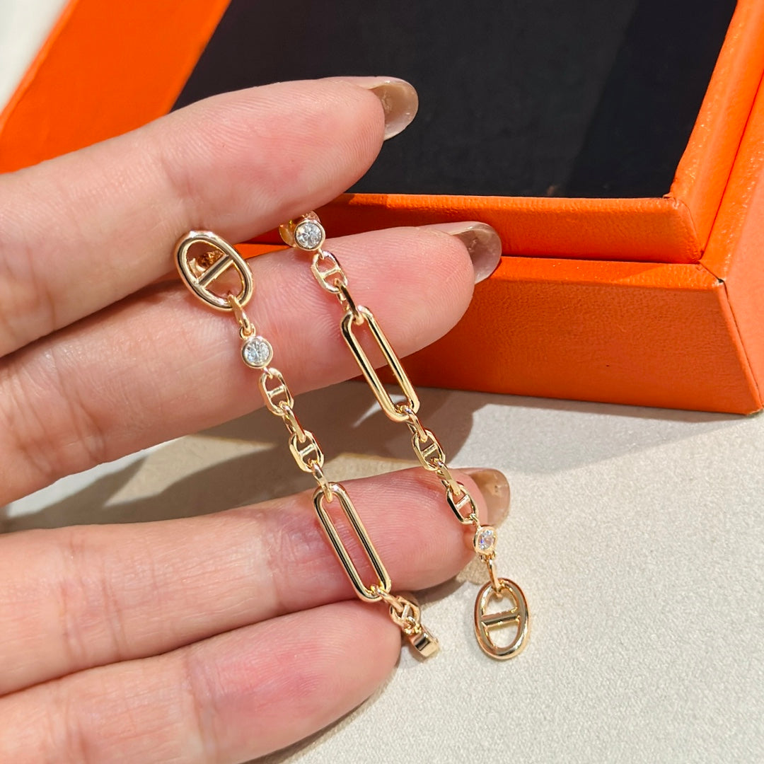 Hermes Chaine 3 Diamond Drop Pink Gold Earrings