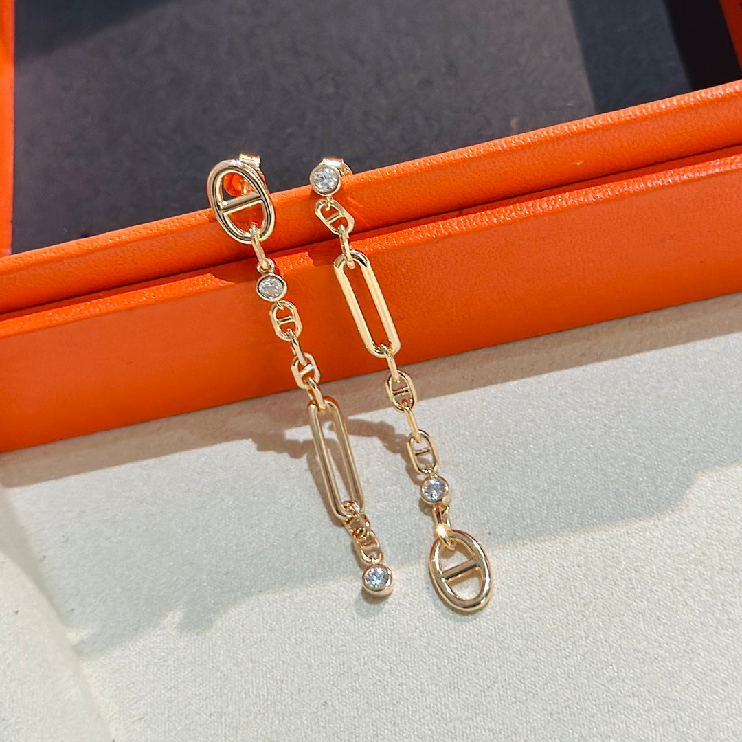 Hermes Chaine 3 Diamond Drop Pink Gold Earrings