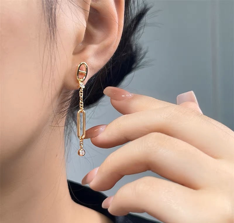 Hermes Chaine 3 Diamond Drop Pink Gold Earrings