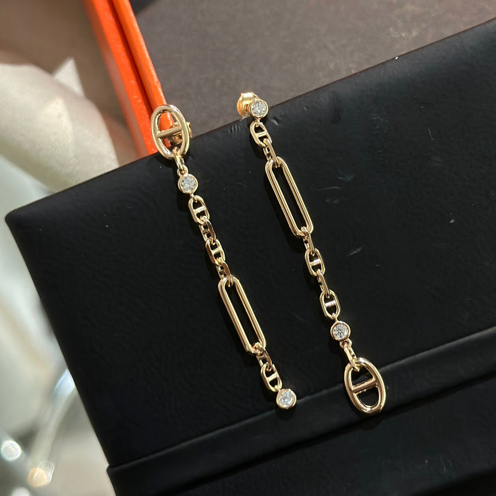 Hermes Chaine 3 Diamond Drop Pink Gold Earrings