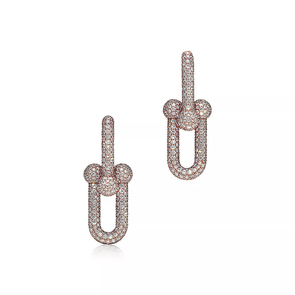 Tiffany Large Link Earrings Pink Gold with Paved Diamonds
