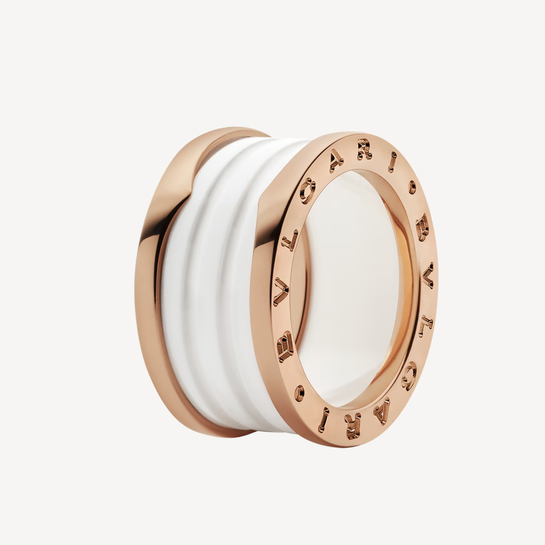 Bvlgari Zero 1 Four-Band Loops and White Ceramic Spiral Pink Gold Ring