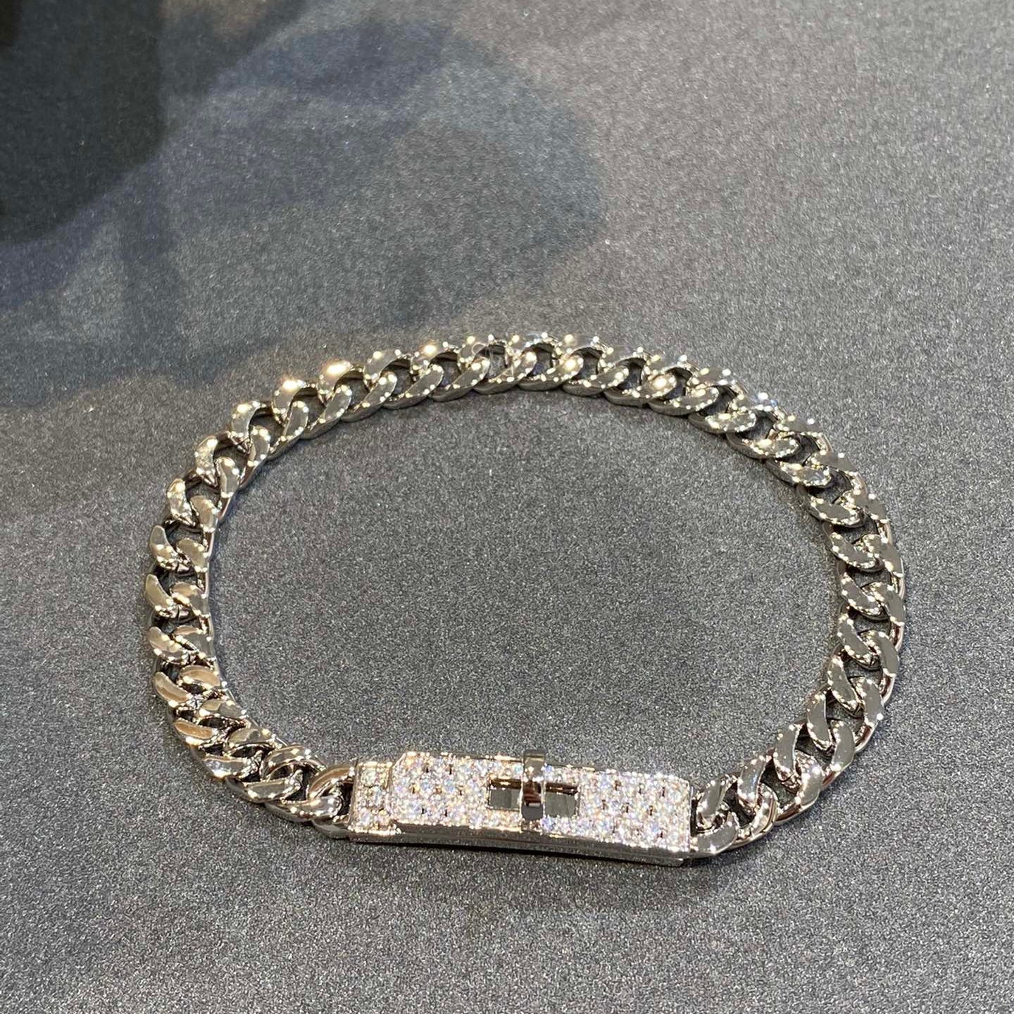 Hermes H Kelly Gourmette Silver Diamond Bracelet