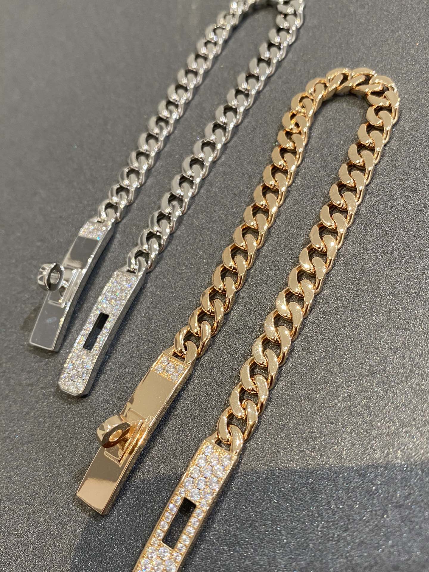 Hermes H Kelly Gourmette Silver Diamond Bracelet
