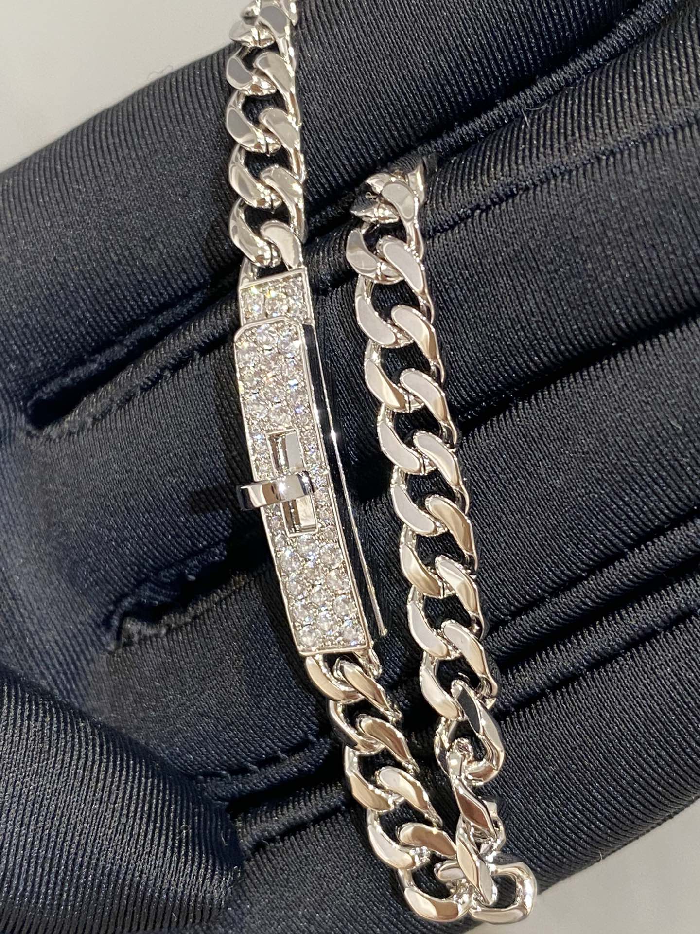 Hermes H Kelly Gourmette Silver Diamond Bracelet