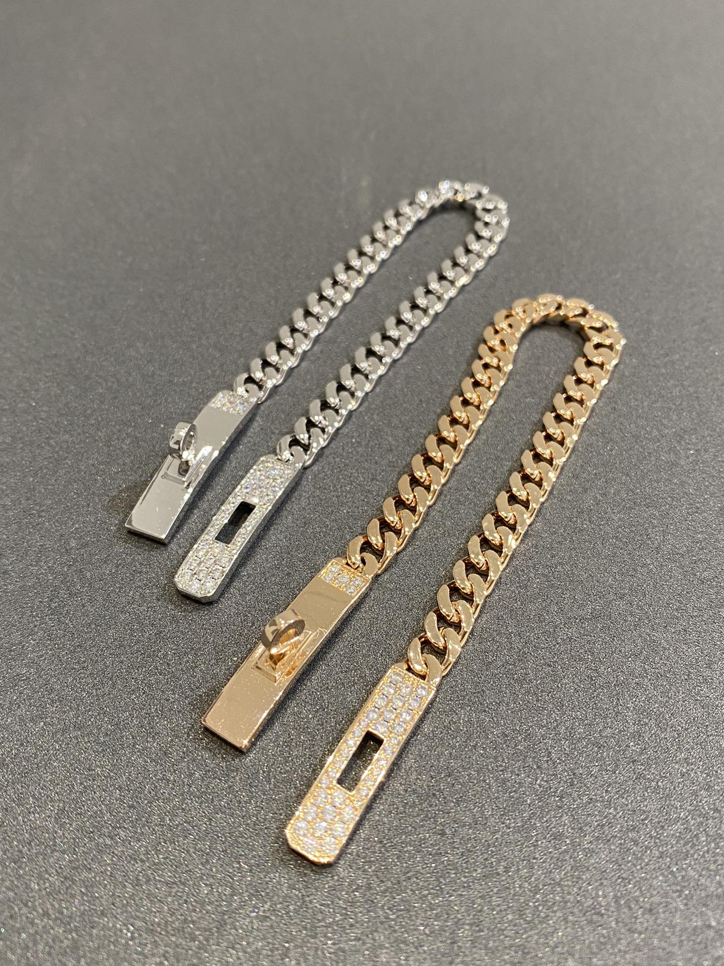 Hermes H Kelly Gourmette Silver Diamond Bracelet