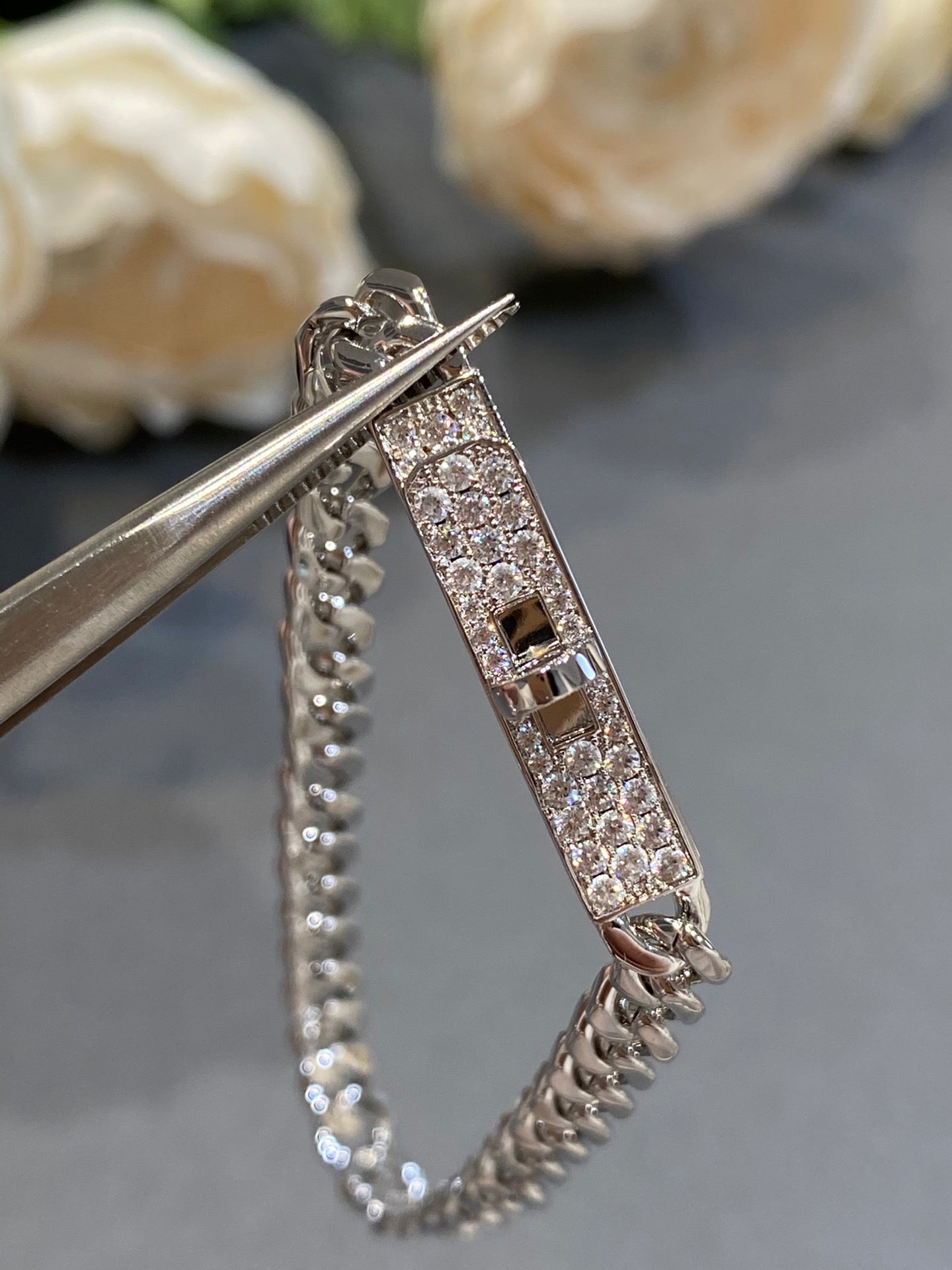 Hermes H Kelly Gourmette Silver Diamond Bracelet