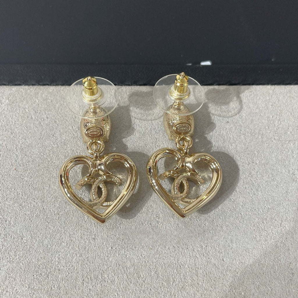 Chanel Strass Crystal Heart Drop Light Gold Earrings