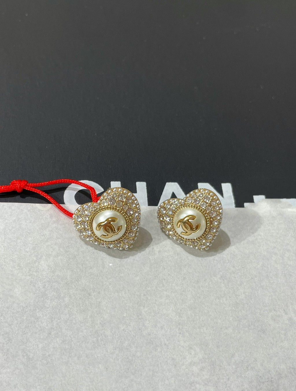 Chanel Heart Cubic Zirconia Paved MOP Stud Earrings
