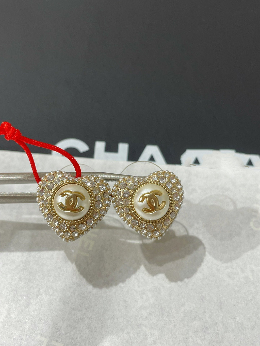 Chanel Heart Cubic Zirconia Paved MOP Stud Earrings