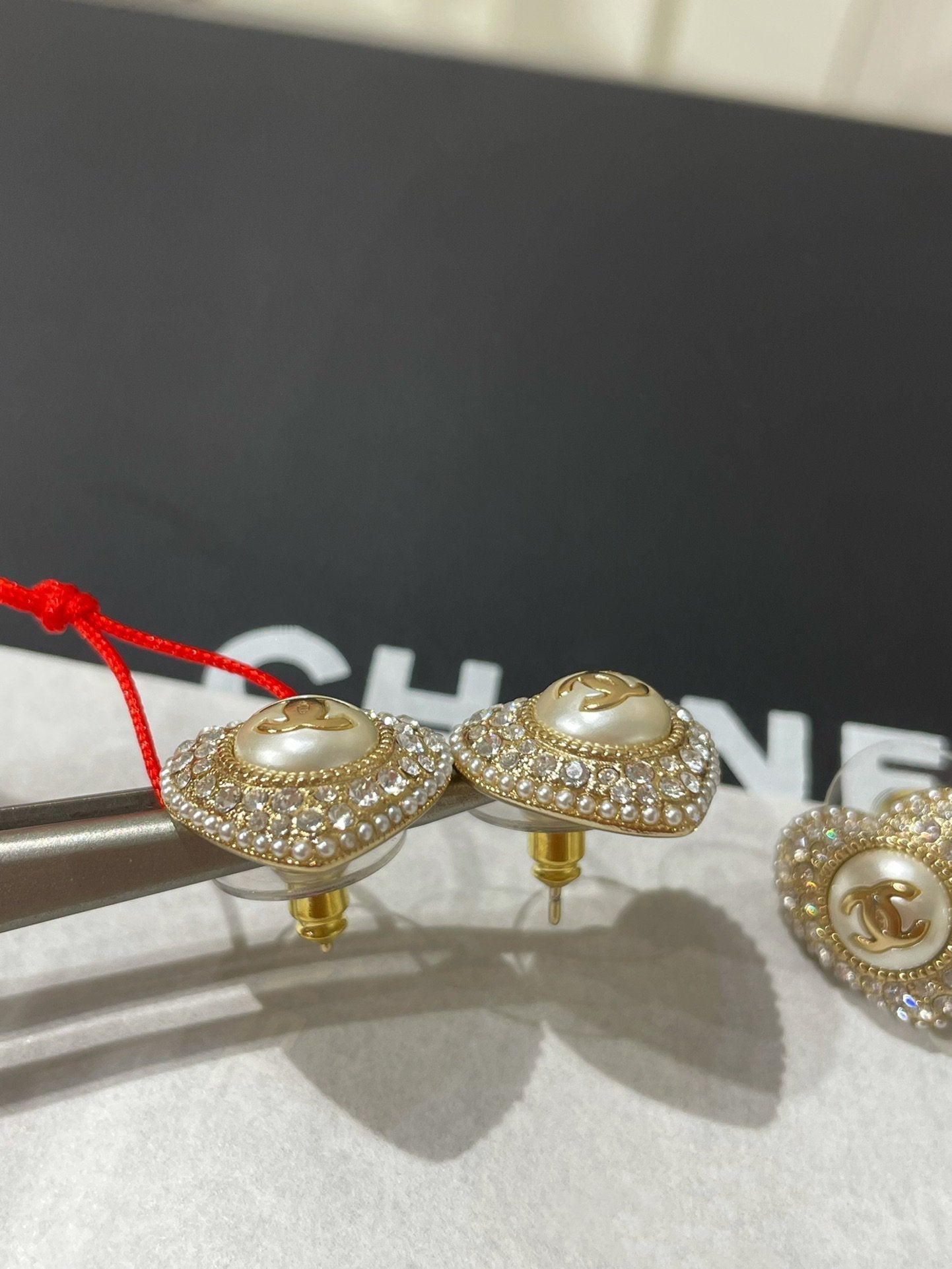 Chanel Heart Cubic Zirconia Paved MOP Stud Earrings