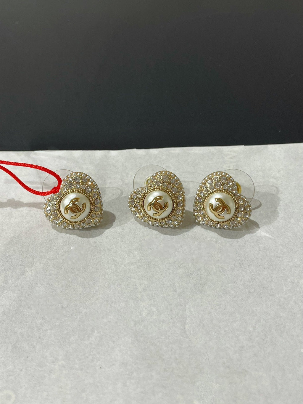 Chanel Heart Cubic Zirconia Paved MOP Stud Earrings