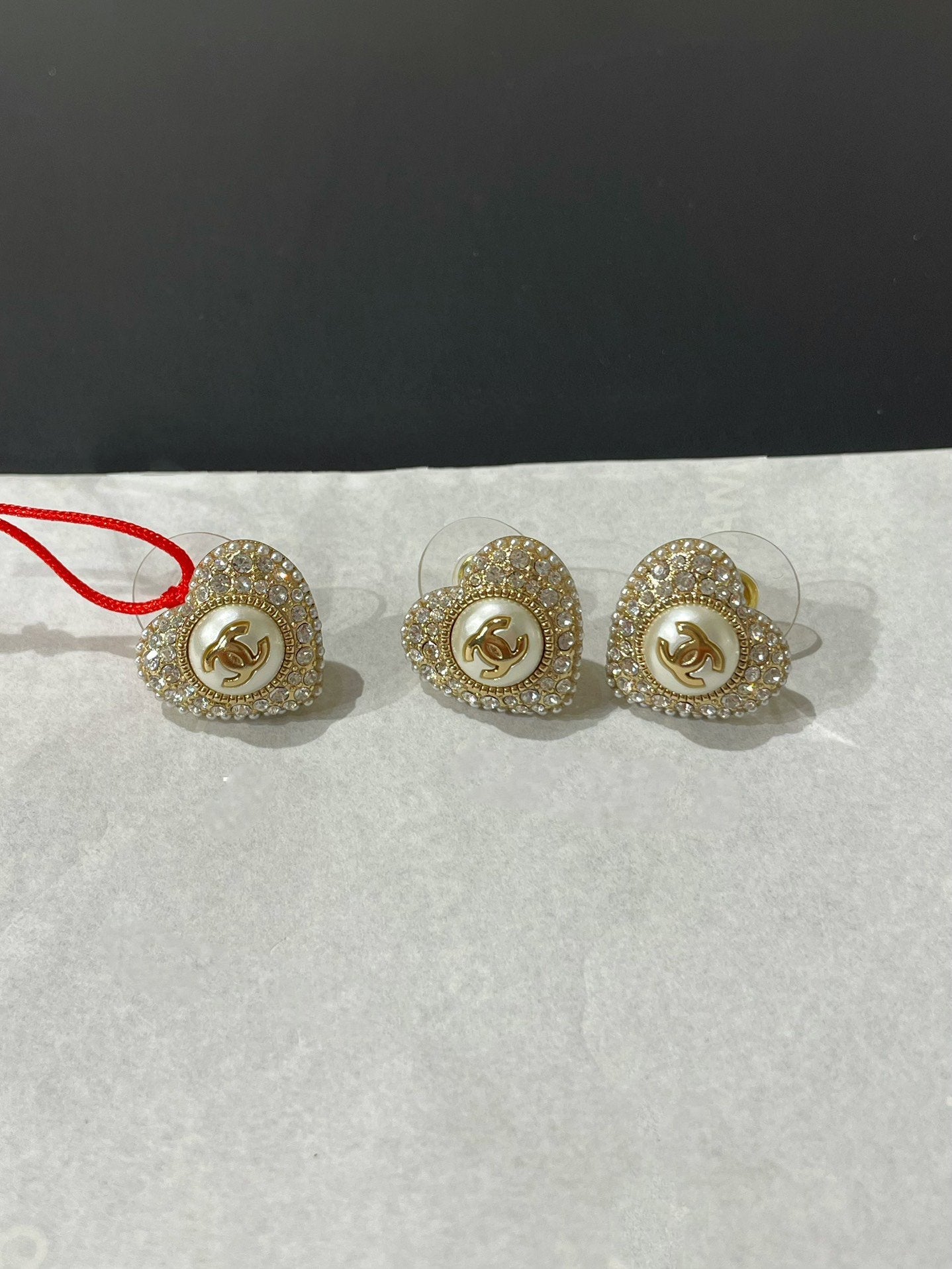 Chanel Heart Cubic Zirconia Paved MOP Stud Earrings