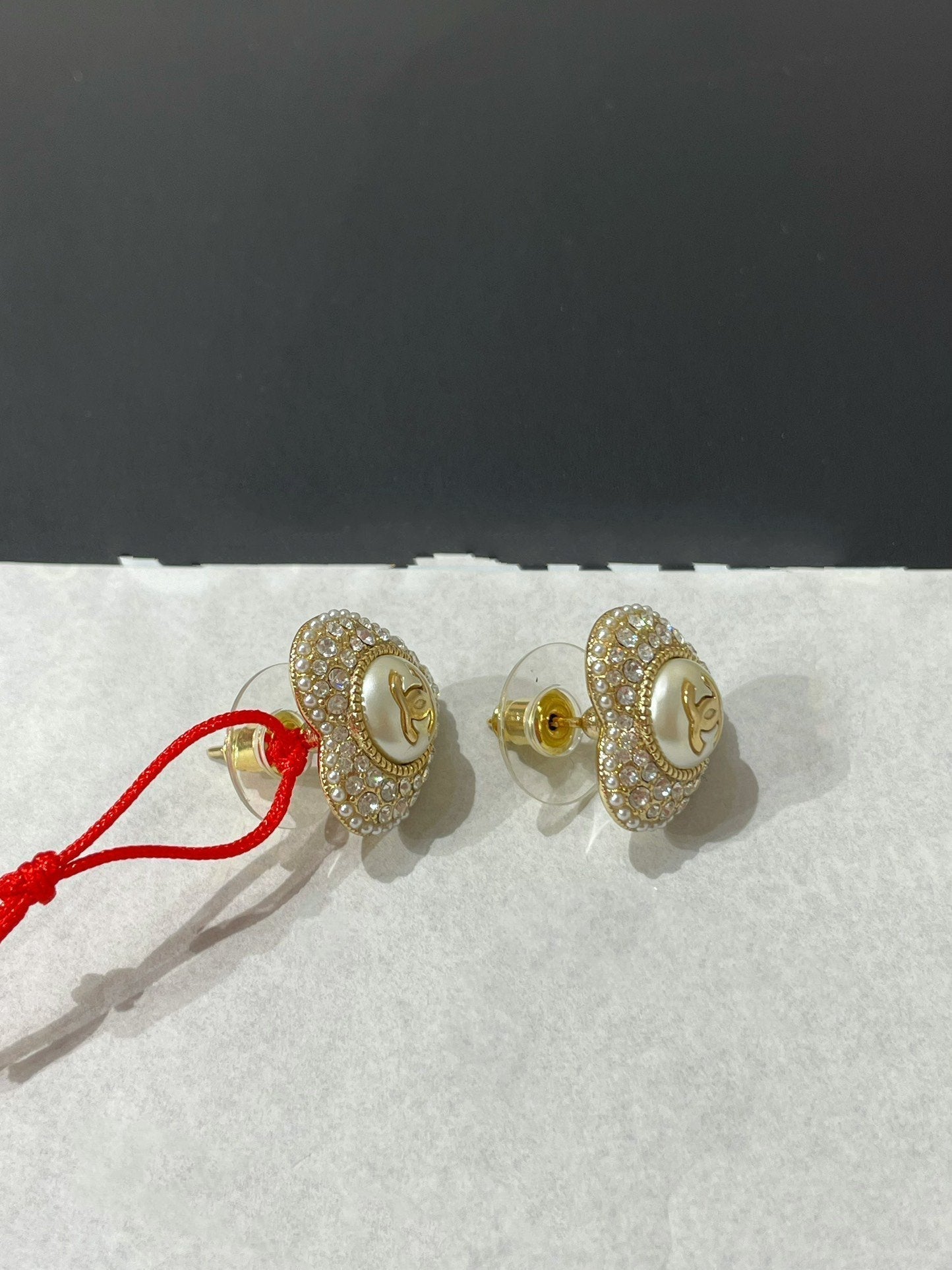 Chanel Heart Cubic Zirconia Paved MOP Stud Earrings