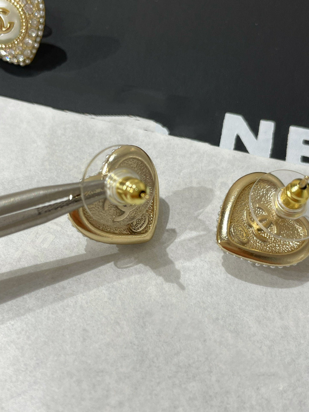 Chanel Heart Cubic Zirconia Paved MOP Stud Earrings