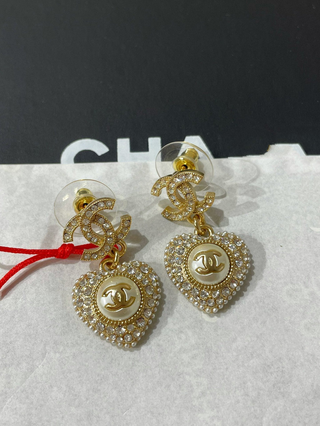 Chanel Logo Cubic Zirconia Paved Heart MOP Drop Earrings