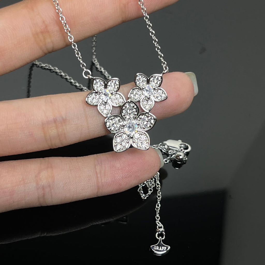 Graff New Full Cubic Zirconia Three-Petal Silver Necklace