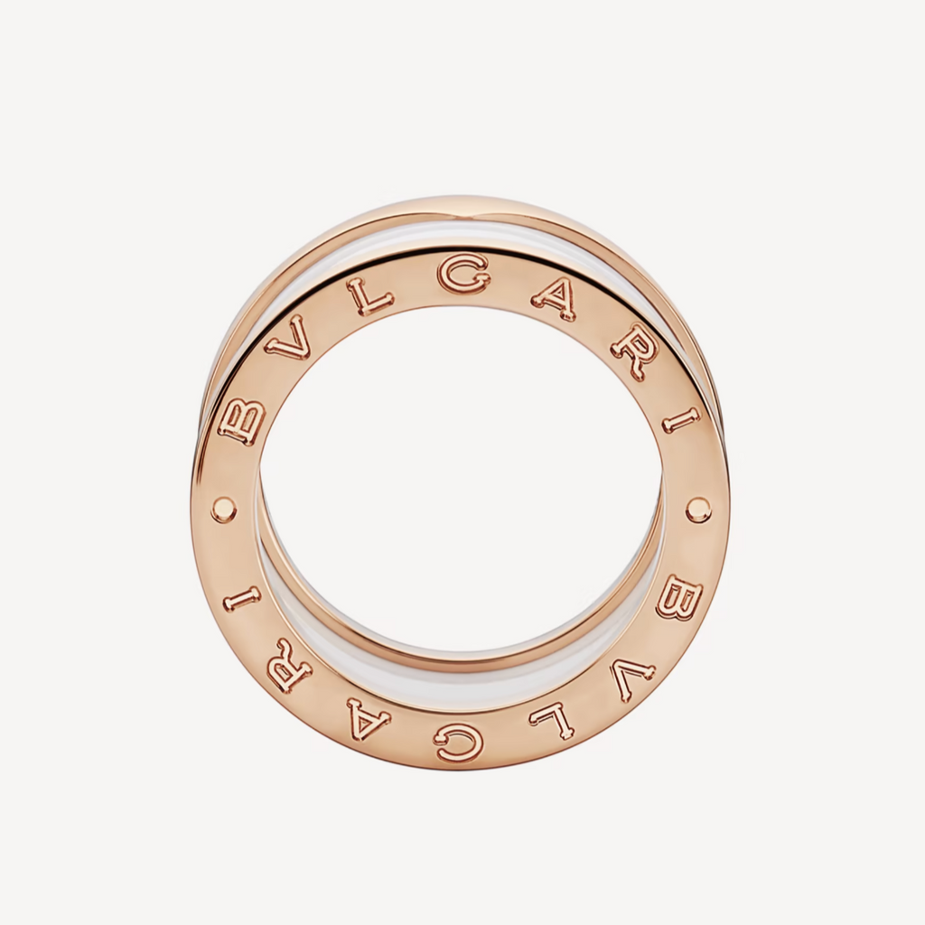 Bvlgari Zero 1 Four-Band Loops and White Ceramic Spiral Pink Gold Ring