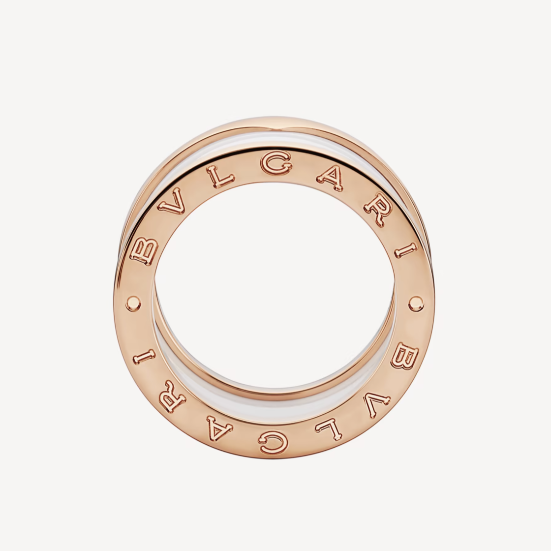 Bvlgari Zero 1 Four-Band Loops and White Ceramic Spiral Pink Gold Ring