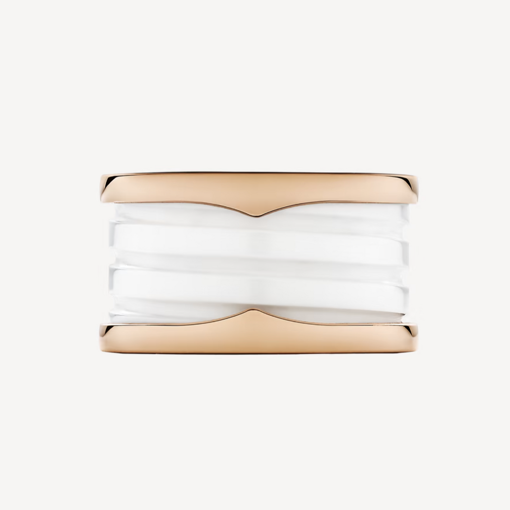 Bvlgari Zero 1 Four-Band Loops and White Ceramic Spiral Pink Gold Ring