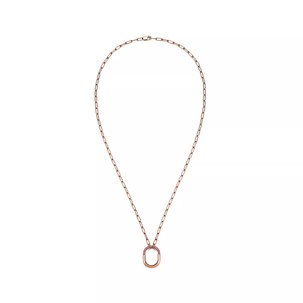 Tiffany Lock Small Pendant Pink Cubic Zirconia Pink Gold Necklace