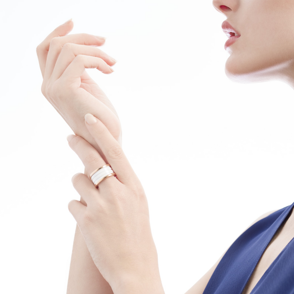 Bvlgari Zero 1 Four-Band Loops and White Ceramic Spiral Pink Gold Ring