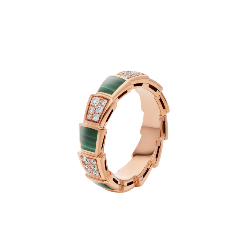 Bvlgari Serpenti Ring Pink Gold Malachite Cubic Zirconia Paved 4MM