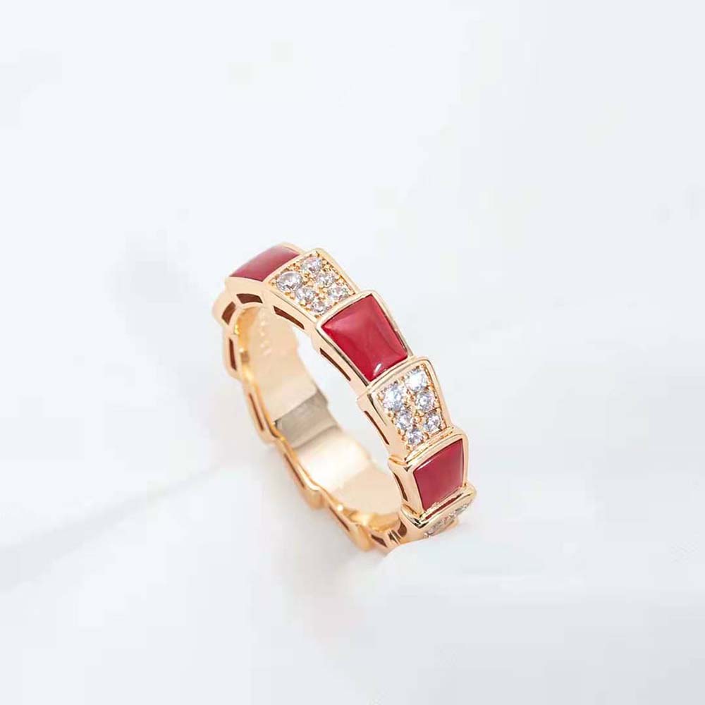 Bvlgari Serpenti Ring Pink Gold Carnelian Cubic Zirconia Paved 4MM
