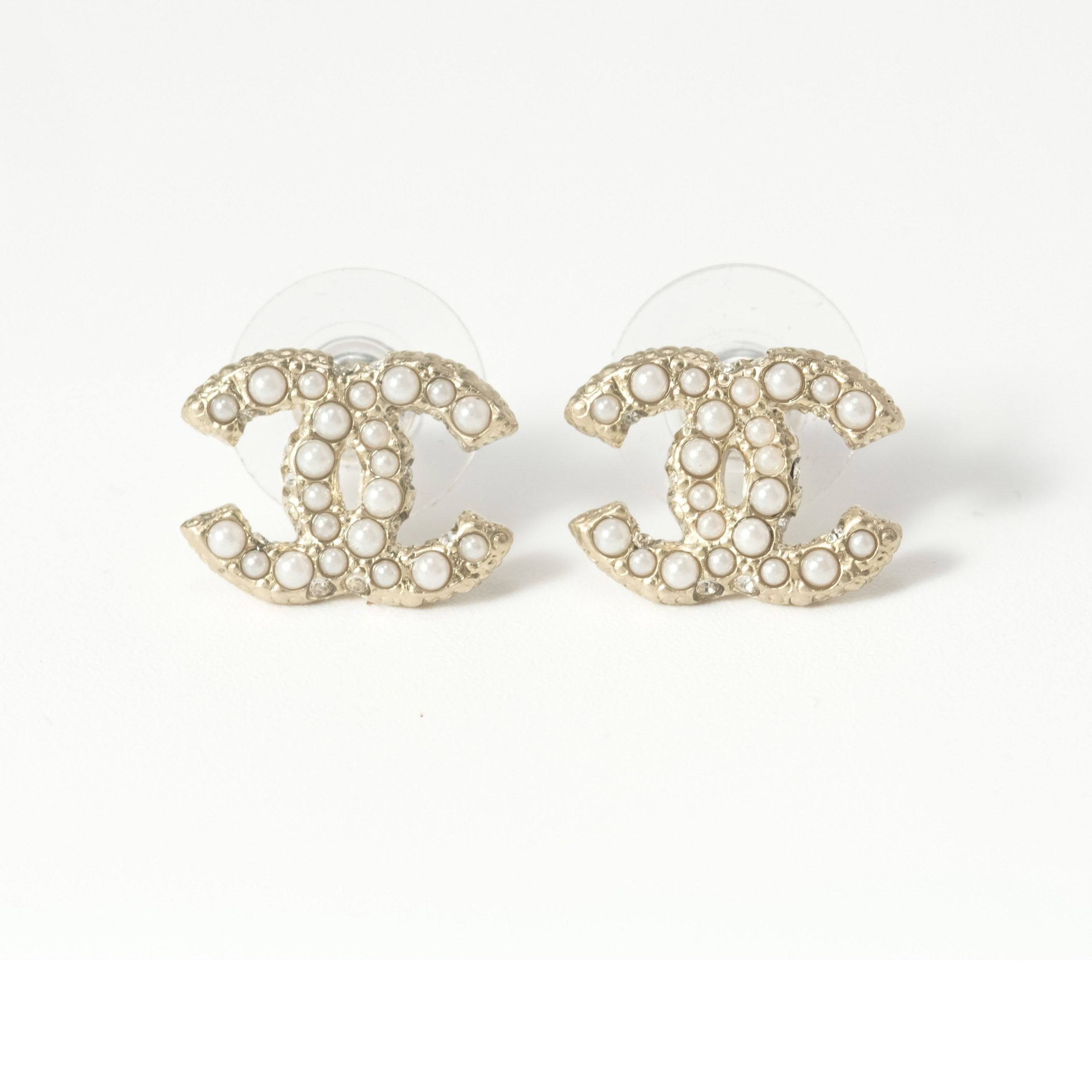 Chanel Double C MOP Gold Stud Earrings