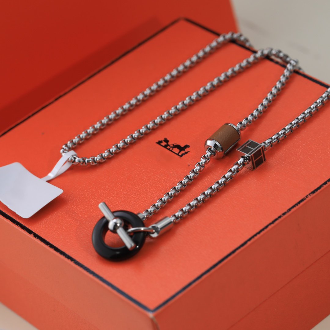Hermes HM Black Circle Silver Necklace