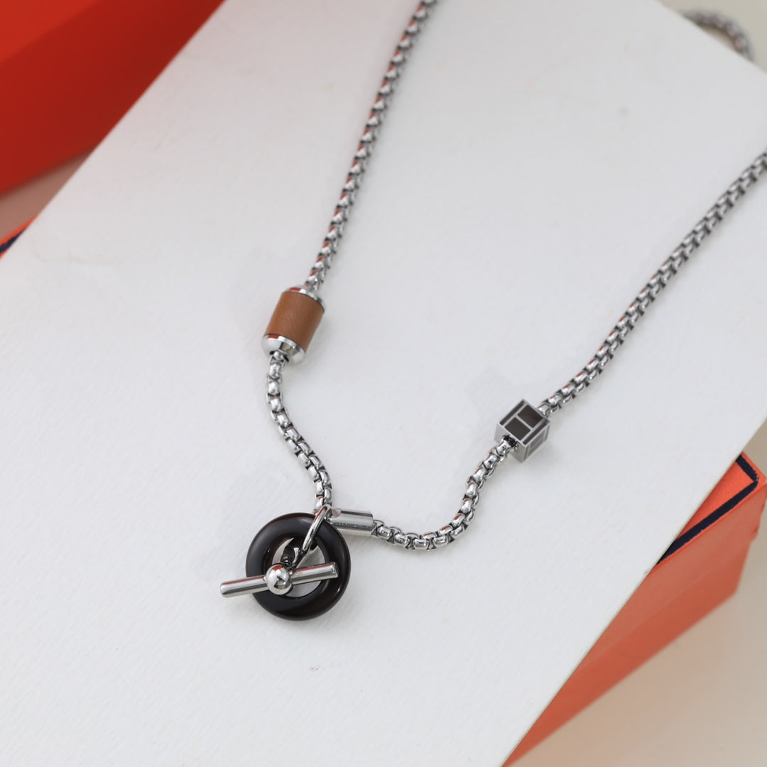 Hermes HM Black Circle Silver Necklace