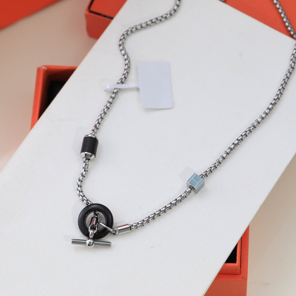 Hermes HM Black Circle Silver Necklace