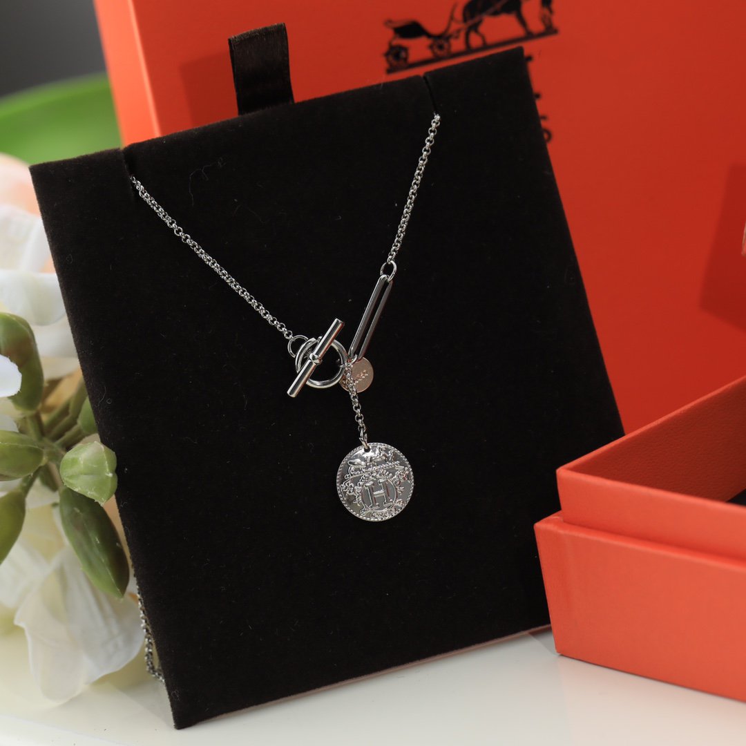 Hermes HM Round Card Silver Pink Gold Drop Necklace